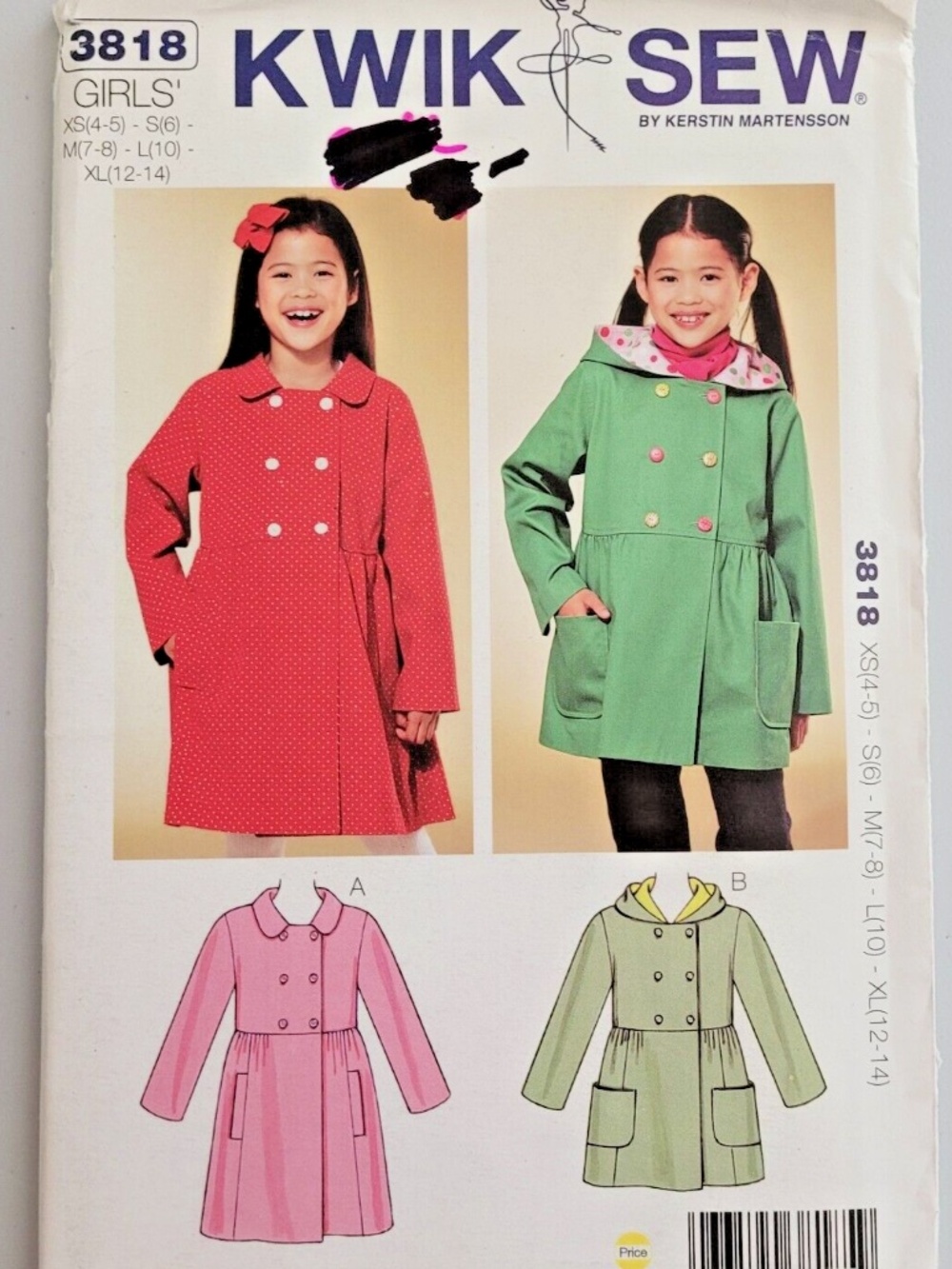 KWIK SEW 3818 Girls Coat/jacket Sewing Pattern Uncut Sizes 4-14 Optional Hood